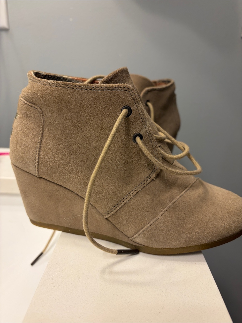 Toms Taupe Suede Wedge Lace-Up Ankle Booties